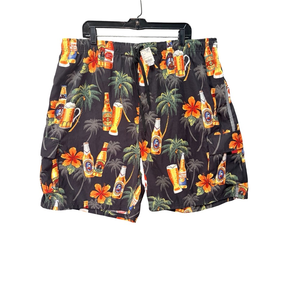 Big Dogs Mens 2X Cargo Board Shorts Beer Tropical Palm Tree Swim Trunks NWT‎